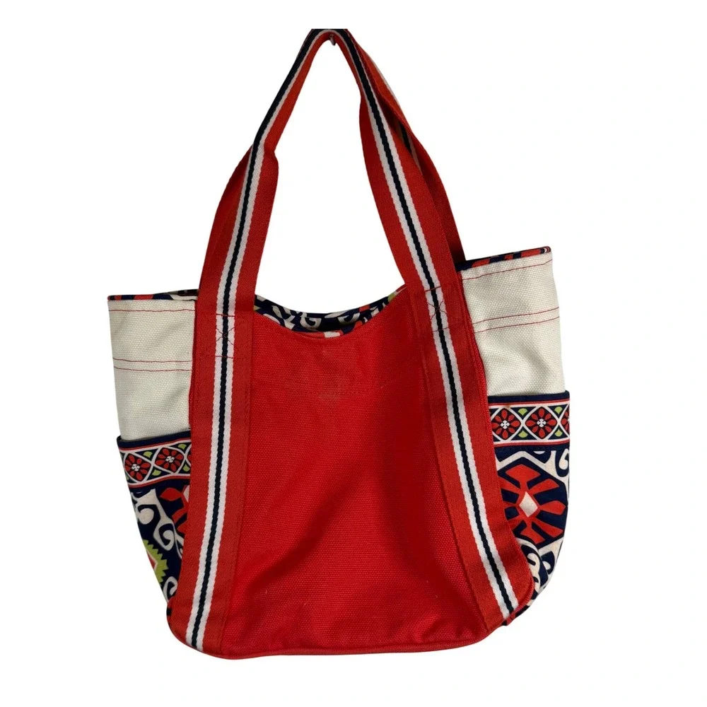 Vera Bradley Tote Bag Womens Medium Red Canvas Geometric Floral Striped Straps